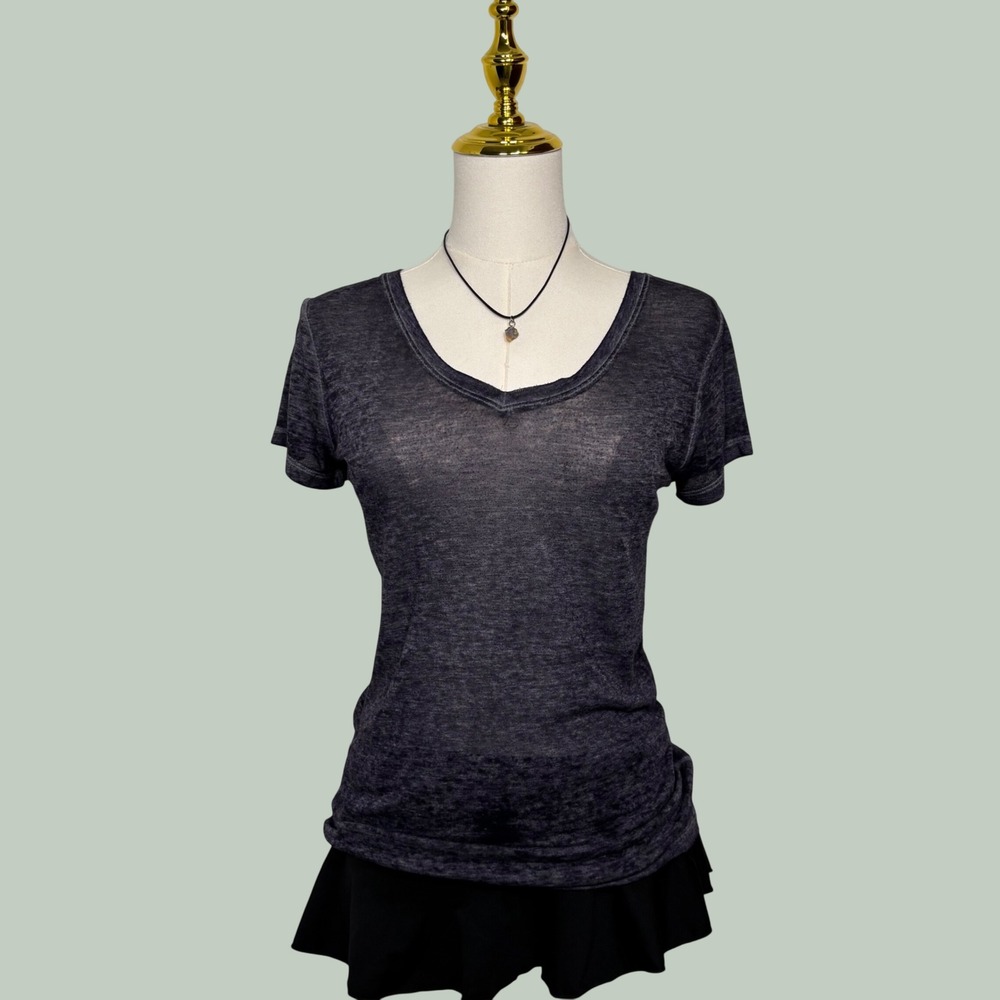 champion gear charcoal gray Y2K authentic wash vneck t-shirt burn out semi sheer